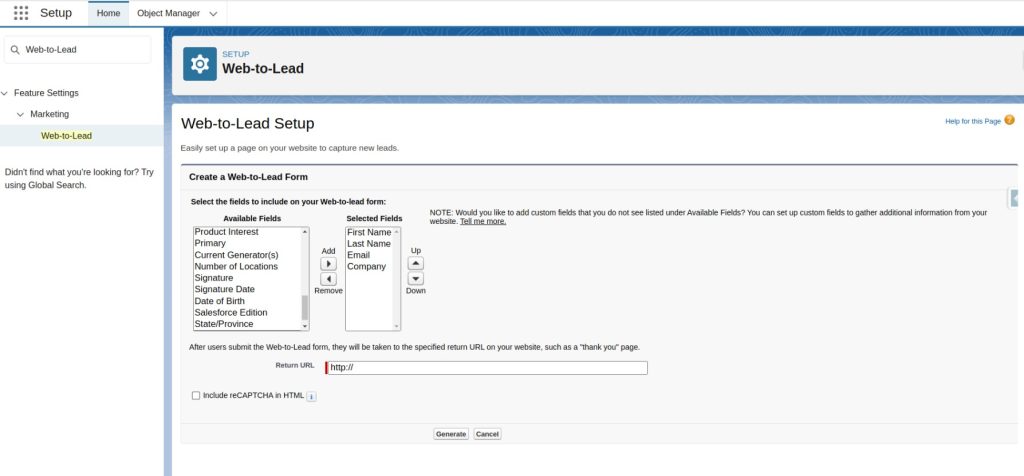 Include fields for form from the "Available Fields" list. 