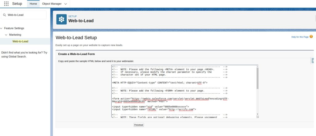 Generate HTML code to render web-to-lead form.